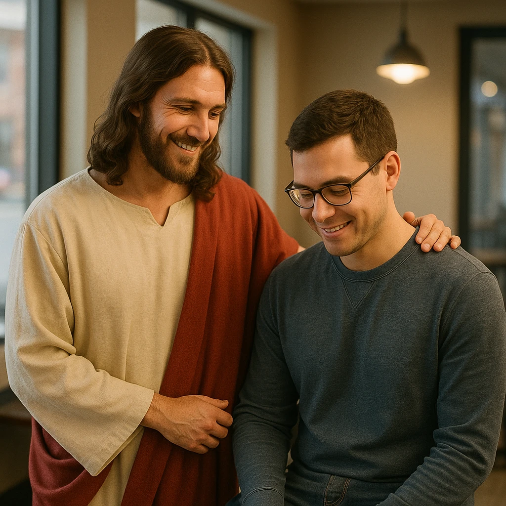 Jesus standing beside a person, gentle and comforting, in a modern setting, warm and friendly atmosphere emoji