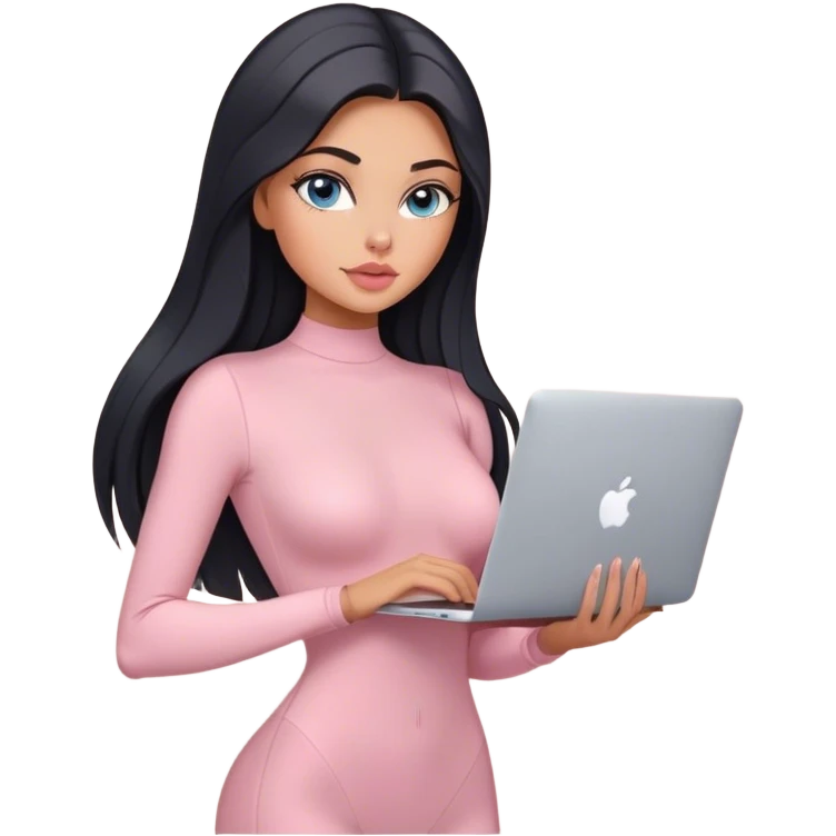 Glamours, tanned, very beautiful girl, with big pump peach-beige-rose lips, black straight smooth silky long hair, straight parting, blue-grey eyes, in light-pink bodysuit holding MacBook emoji
