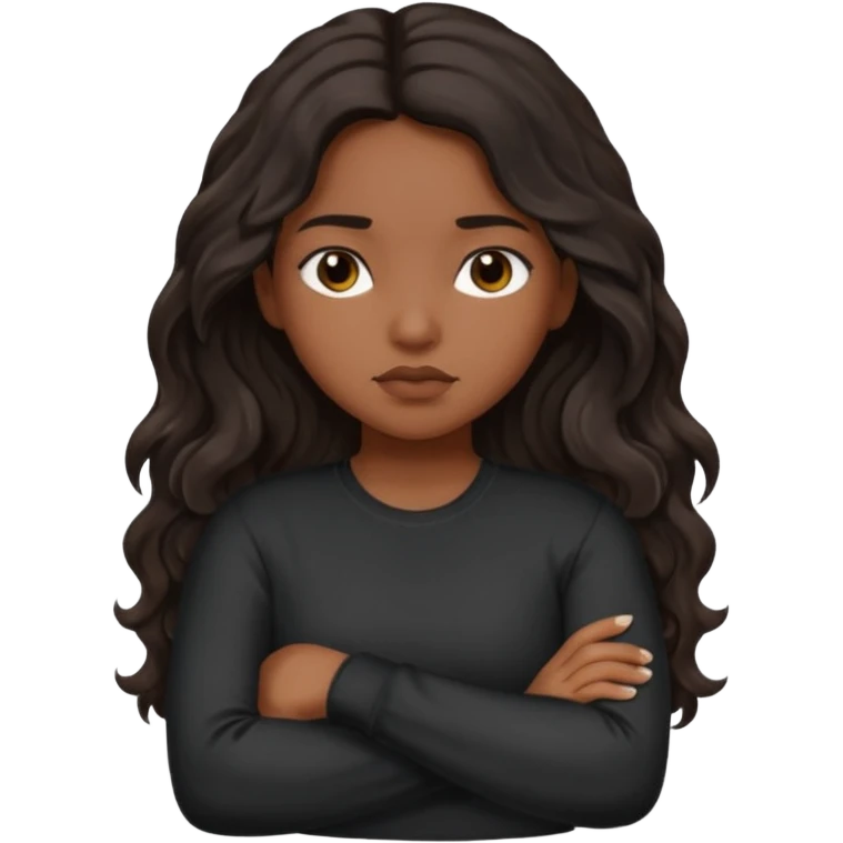 Hispanic girl dark long wavy hair crossing her arms with slight pout black long sleeve shirt emoji
