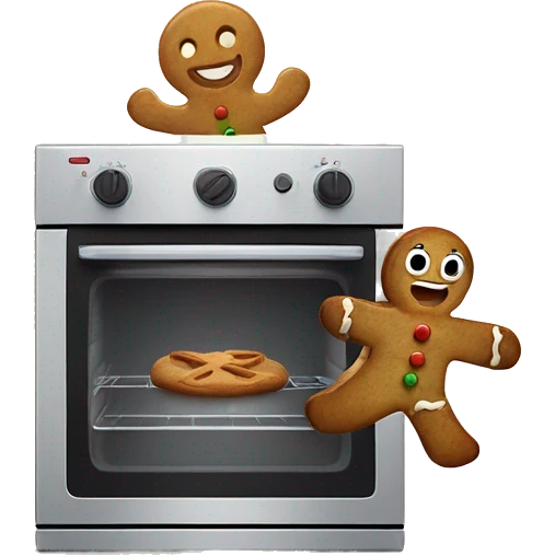 Oven and gingerbread man running away screaming  emoji
