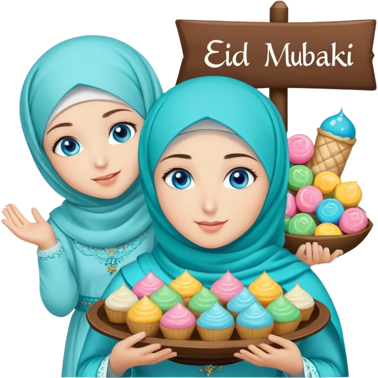 Turkish beautiful finish Konya girl blue eyes with turkis hijab islamic dress and had on her hand text Eid Mubarak with sweets and celebrating with her friends eid days   emoji