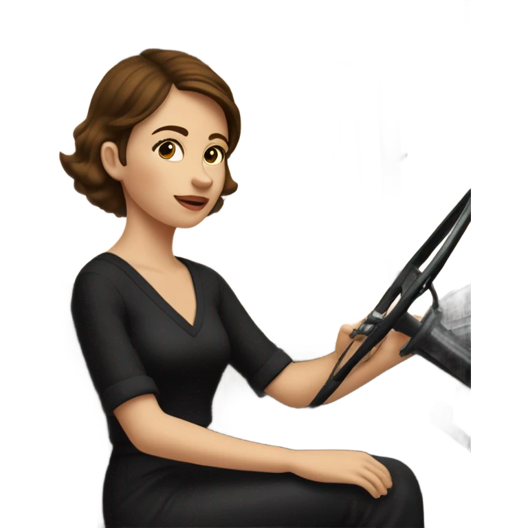 Girl with short brown hair in black V-neck blouse driving jalopy emoji