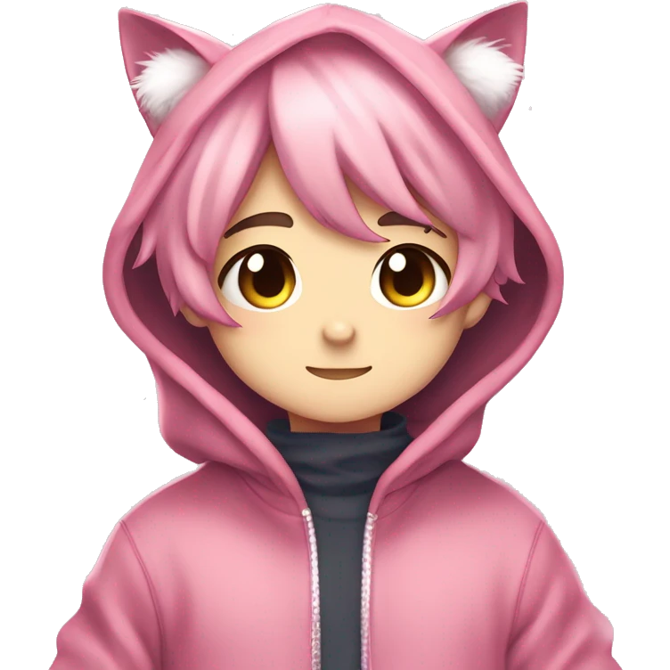 Cute Kawaii Beautiful Gorgeous Sparkly Shiny Blushing Anime Style Catboy Wih Pretty Hair And Hoodie emoji