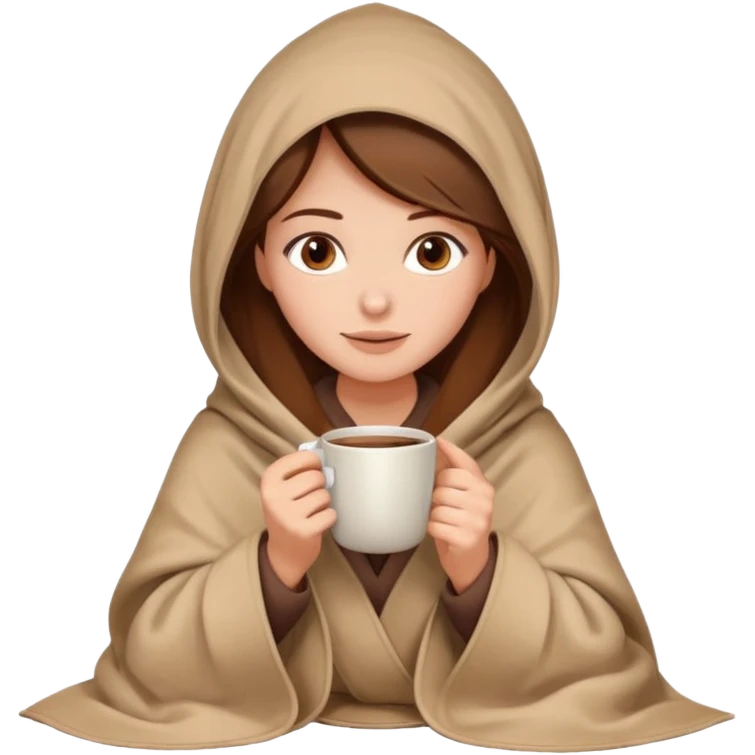 brown hair woman sitting under beige blanket, with a blanket over his head, holding cup of coffee, autumn mood emoji