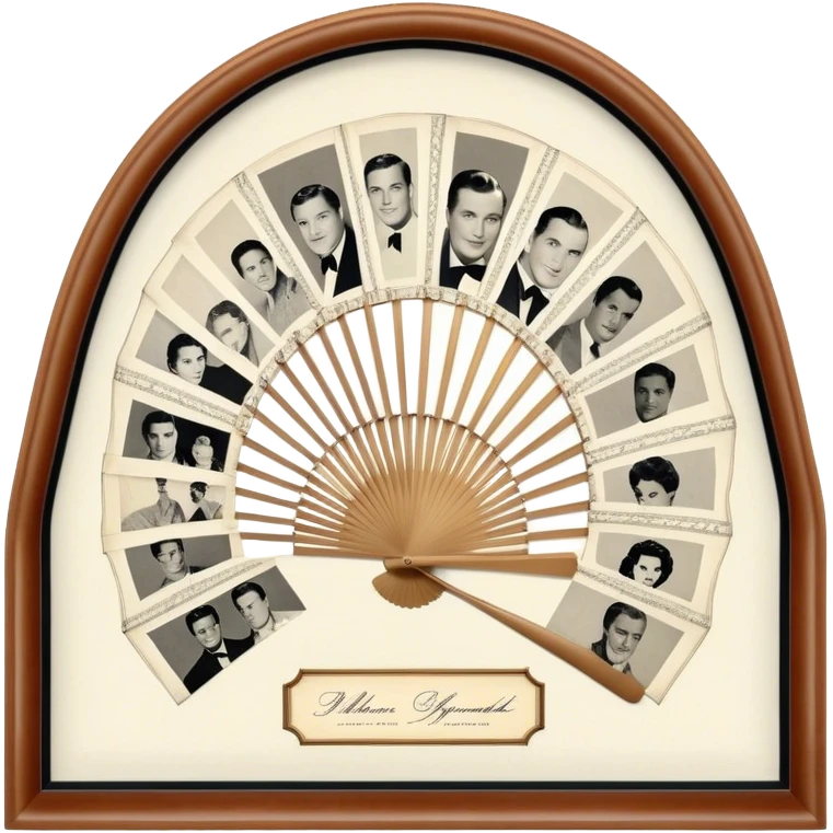 Icon for Autograph Collecting: several vintage sheets in frames arranged in a fan-like pattern, each with a famous celebrity signature. The icon should reflect the charm of collecting autographs in a nostalgic, elegant style. Transparent background. emoji