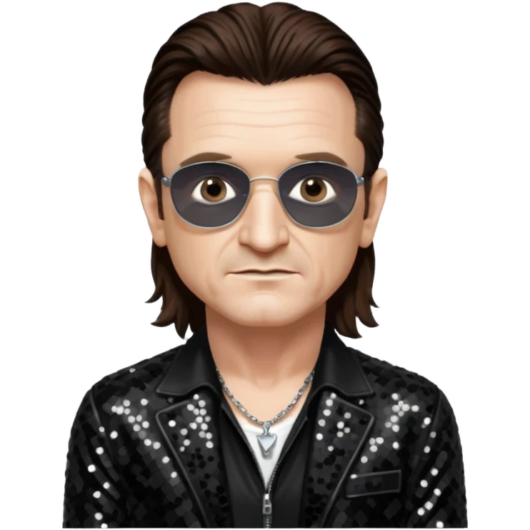 Bono from U2 with long dark brown hair, black sequin outfit  emoji