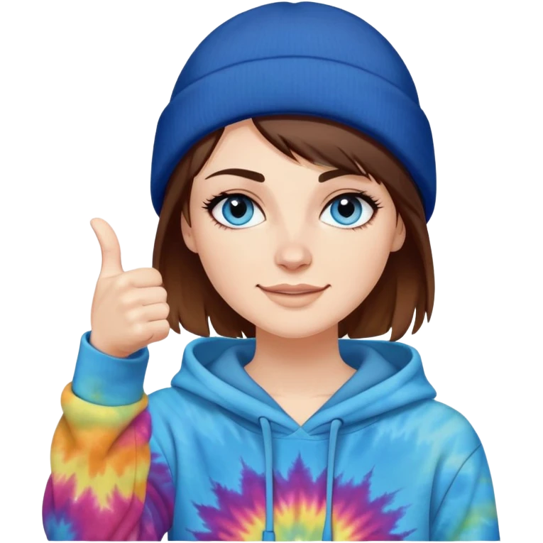 White woman with short brown hair  on her face under the beanie and blue eyes with long eyelashes and tiedye hoodie. i would like for her to be doing a thumbs up with one hand and be wearing a black beanie emoji