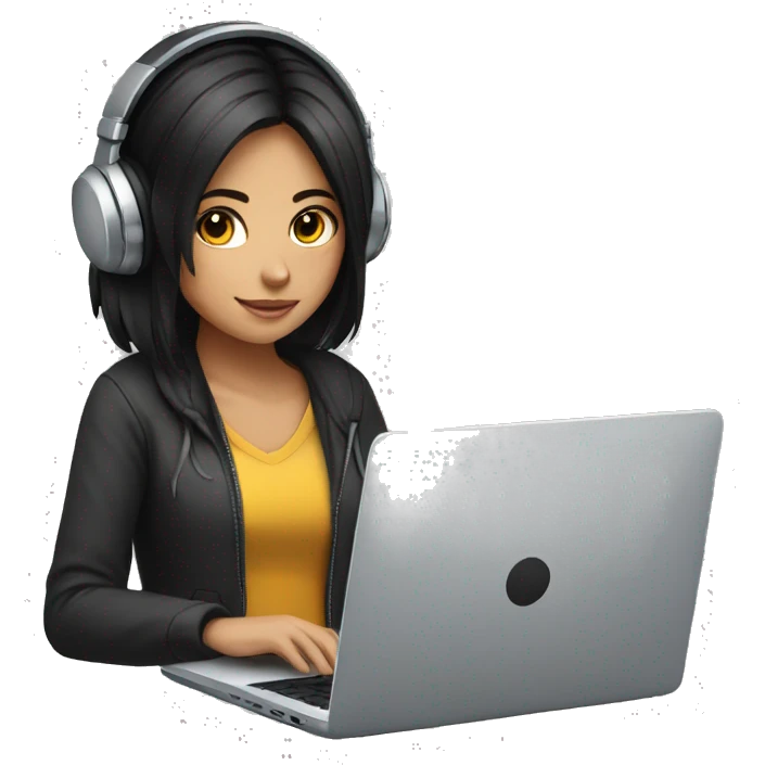girl with black hair working on laptop with headphones emoji