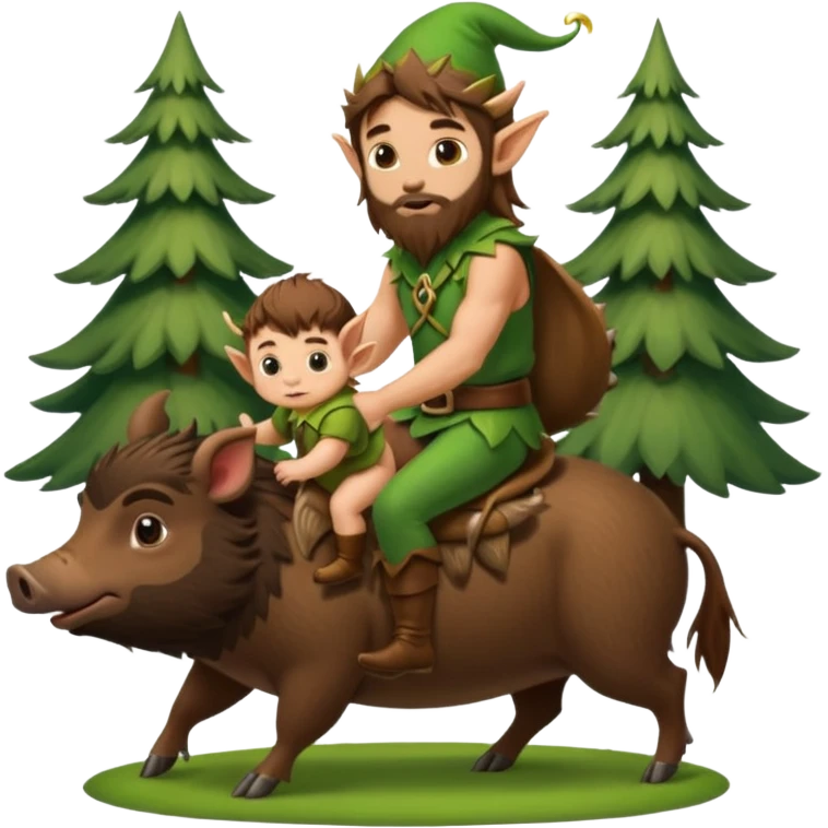 tiny forest elf man long brown hair beard riding baby boar emoji