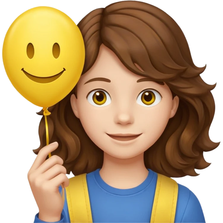 Teen wavy brown hair, with smiley-face balloon emoji