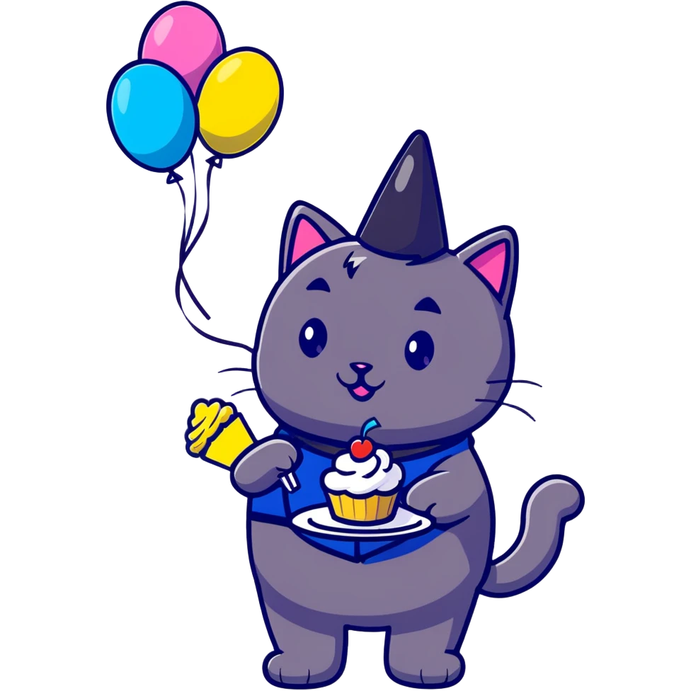 black cat police chief celebrating birthday with friends, balloons and streamers background, cartoon style, suitable for emoji sticker emoji