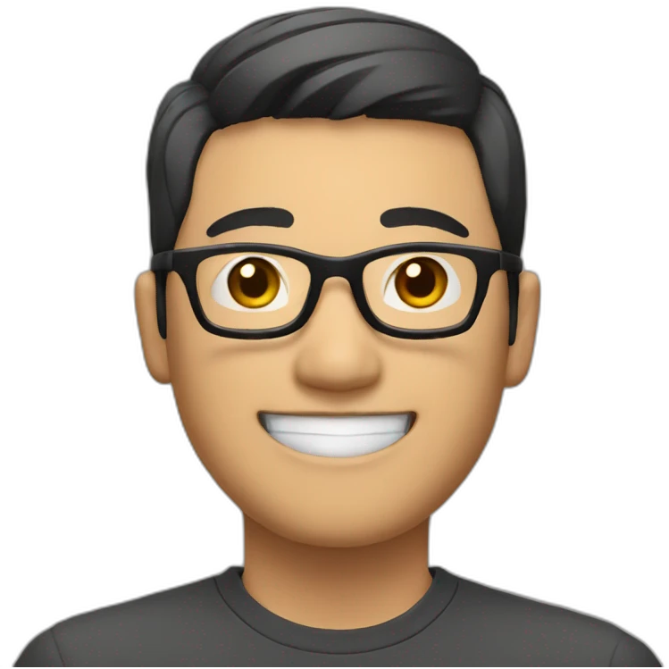 asian man, very short hair, black frame glasses, smile, head to shoulder shoot  emoji