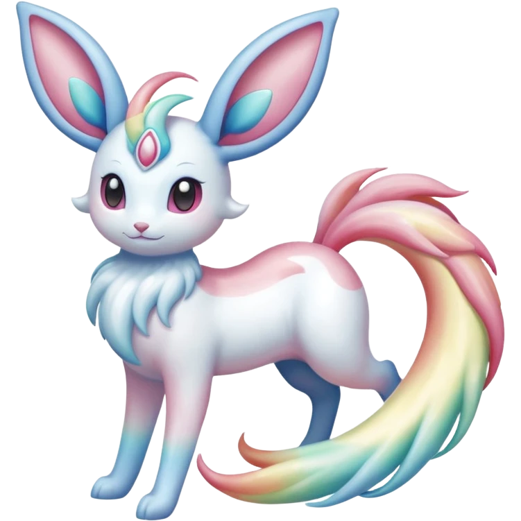 Pearlescent Milky-White Opalescent Rainbow-Tinted Soft-Glowing Celestial Sylveon-Milotic-Cresselia-Fakémon-creature (full body) emoji