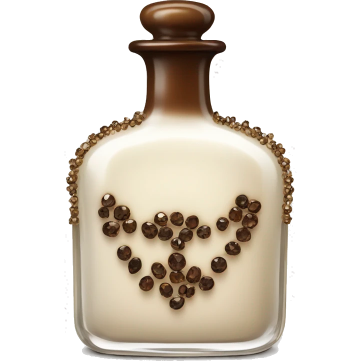 Antique parfumerie bottle with oil, made of bronze and brown crystals, white cream and coffee milk pour from the bottle emoji