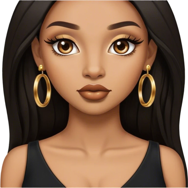 light brown skin tone, very beautiful woman, with big plump lips, long long lashes, black straight long hair, brown eyes, black dress, gold hoop earrings emoji