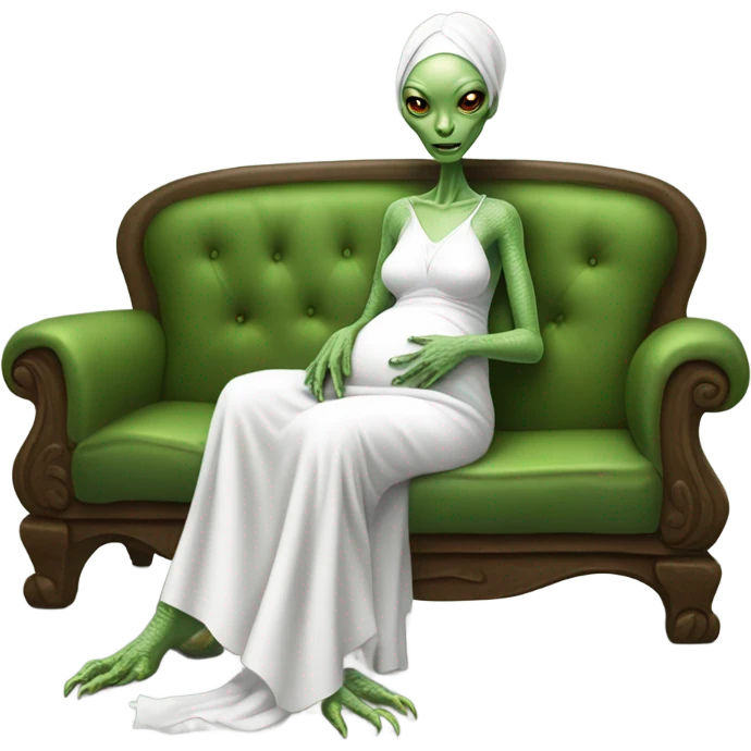 reptilian alien woman in white dress, pregnant, sitting on couch emoji