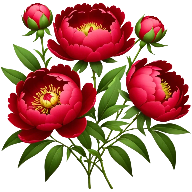 bouquet red Peony, luxuriant, stem, leaf, bud emoji