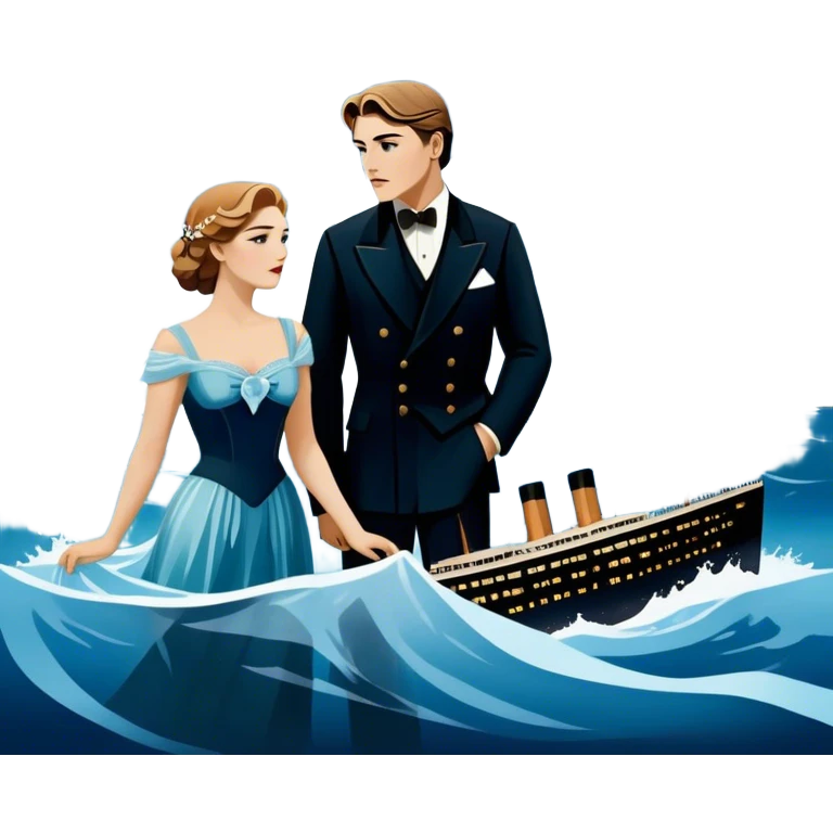 Icon for Titanic Movie: A vintage movie poster-style design featuring a dramatic scene of the ship, the iceberg, and a romantic silhouette of the main couple. Include elements like the ship’s bow, water splashes, and a starry sky in the background. Retro cinematic feel. Transparent background. emoji