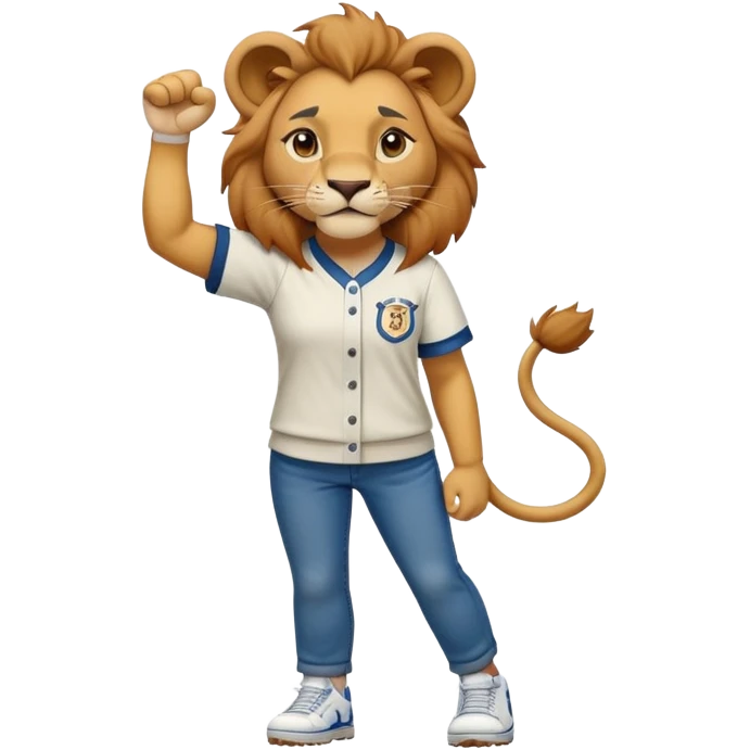 friendly anthropomorphised female lion wearing a baseball shirt, jeans, trainers, standing upright with one fist raised, looking determined and confident emoji