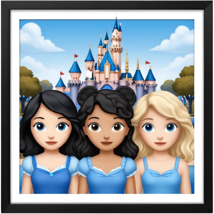 escribe el nombre Disneyland Paris y para titulo, pon a quatro chicas: una pelo corto negro, una pelo rizado largo, una pelo largo liso y la otra pelo ondulado mediano, esta con el ojos azules. Haz un cuadrado rectangular grande en grande blanco y por los lados pon a las chicas que te he descrito emoji