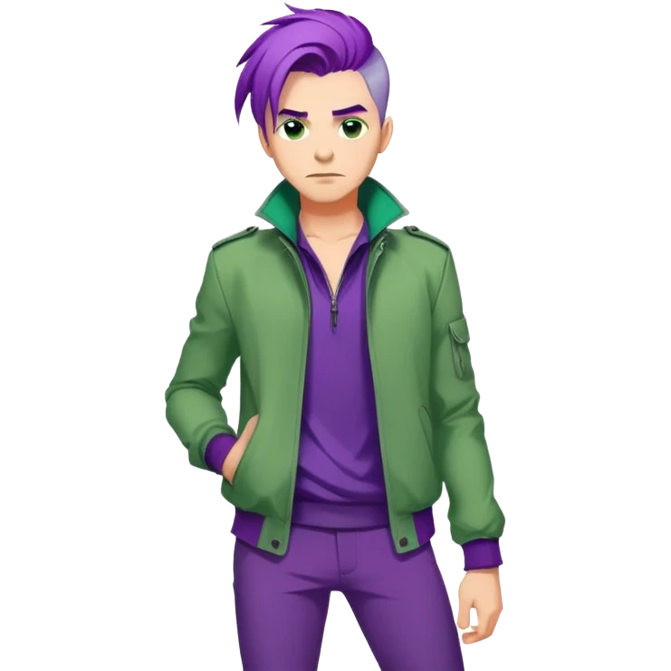 Man with stylish green jacket and purple hair, strong pose, bold expression, modern clothing style emoji