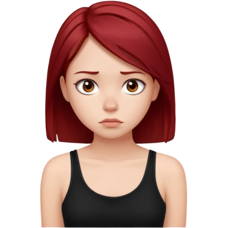 a pretty bratz fair girl with dark red straight hair, black cami top, looking sad emoji