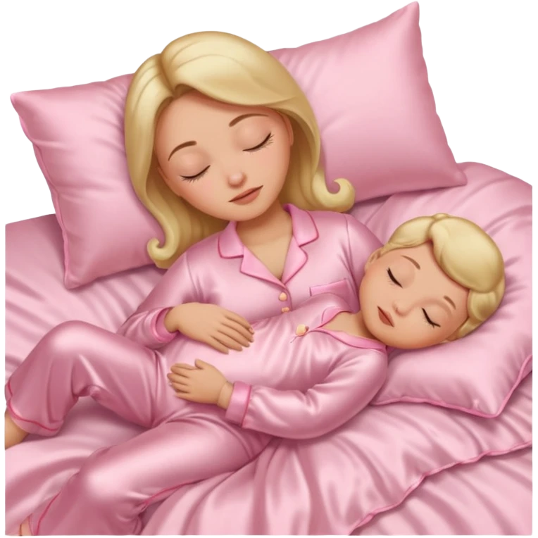 Mulher dormindo de pijama na sua cama de cetim rosa bebê emoji