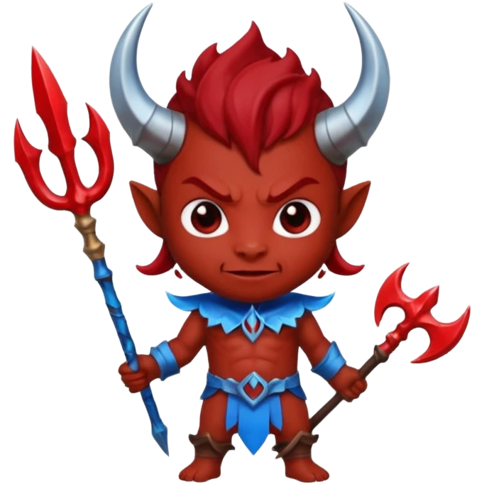 a Red devil, short horn Chibi red demon hold a blue trident emoji