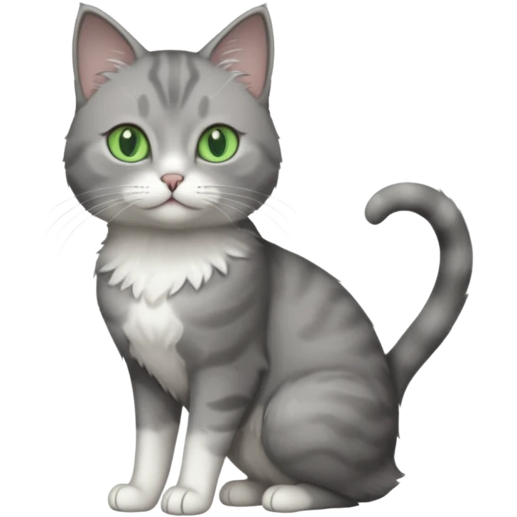 full body view of beautiful female grey cat with green eyes, white paws and white chest emoji