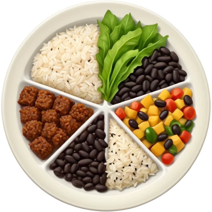 Food plate divided in 4 parts: rice, black bean, minced meat and salad

 emoji