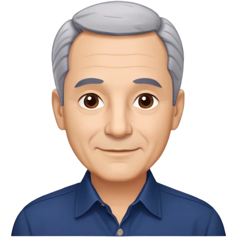 Respected Puerto Rican actor in his 60s, fair skin, round face with broad cheekbones, lively brown eyes, thick eyebrows, straight nose, short gray hair combed to the side with receding hairline, clean-shaven, friendly smile, wearing navy blue button-up shirt emoji