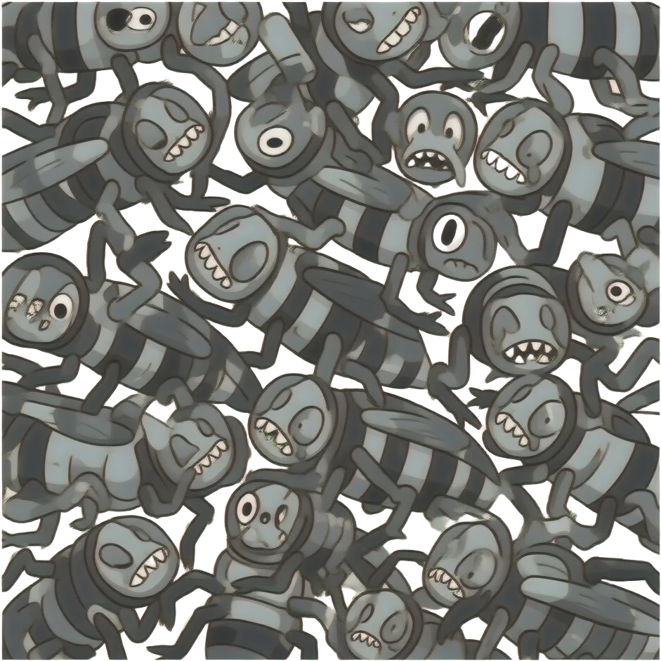 bugs just bugs everywhere all corners shades of grey black white grey bugs black bugs grey bugs white bugs teeth large teeth large fangs large eyes inflated eyes pain sorrow bugs writhing bugs scared bugs emoji