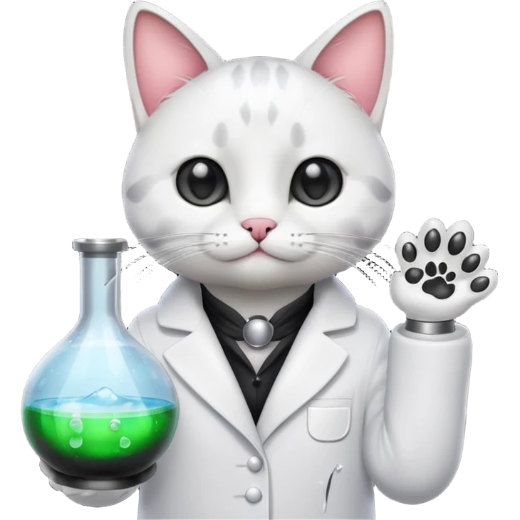 Sleek cat wearing a white coat, paw on a bubbling flask. emoji