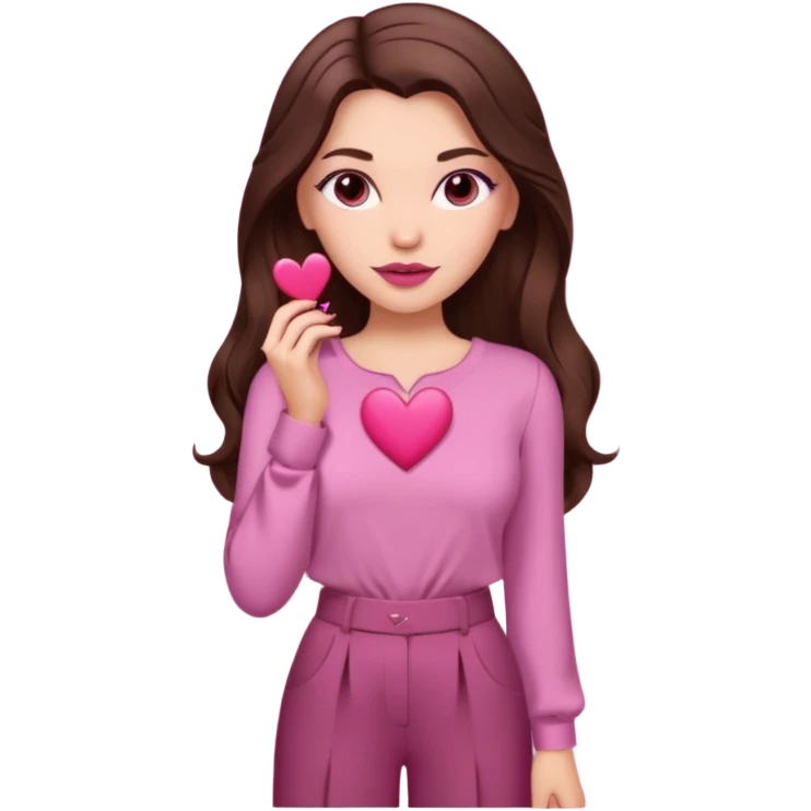 emoji, white person, inspired with brunette hair, brown eyes, long hair, heart shape lips and pink make up  and pink nails, mauve pink blush and brown wide leg pants, burgundy shoulder drop shirt, brown heels , princess hair, brown heels, no floating hearts  emoji