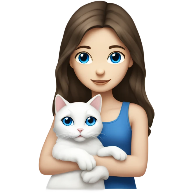 Brunette girl blue eyes hugging a fully white cat emoji