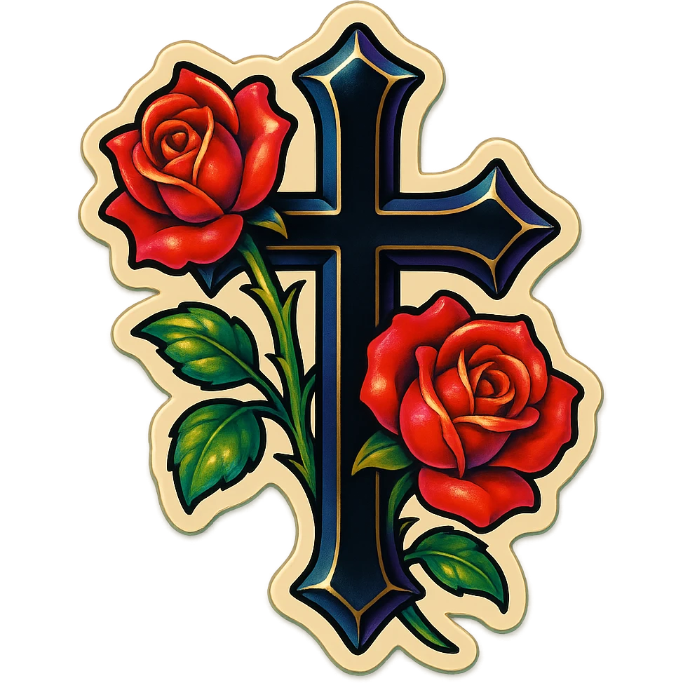 goth cross with roses, retro stickers style emoji