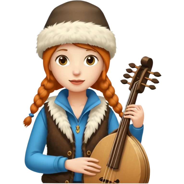 "Girl 👩🏻‍🦱 in fur hat 👒🦊 and vest 🧥, standing in snow ❄️🌲, holding a Bashkir dombyra 🎶 (long-necked two-string folk instrument). Emoji style." emoji