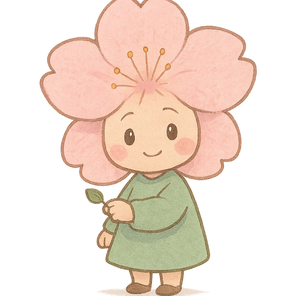 chibi sakura blossom, soft pastel colors, full-body, holding a tiny leaf, clean lines emoji