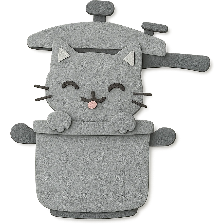 chibi pressure cooker-cat hybrid, popping out of the lid, playful expression, soft grey, full-body emoji