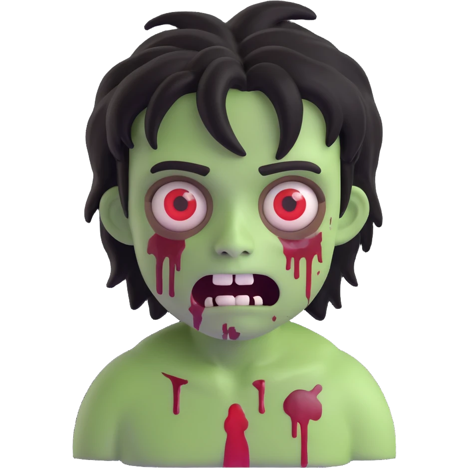 Create a 3D emoji of a boy zombie with medium-long, shaggy black hair, pale green skin, large brown eyes with dark circles, bloody wounds under the eyes, and a creepy, scared expression. Match the style and details of the reference image as closely as possible. emoji