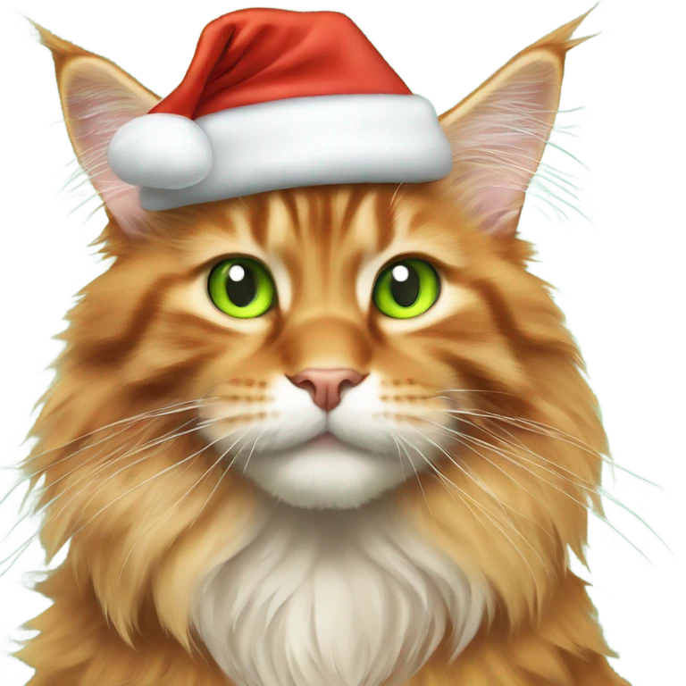 orange maine coon with light green eyes wearing santa hat emoji