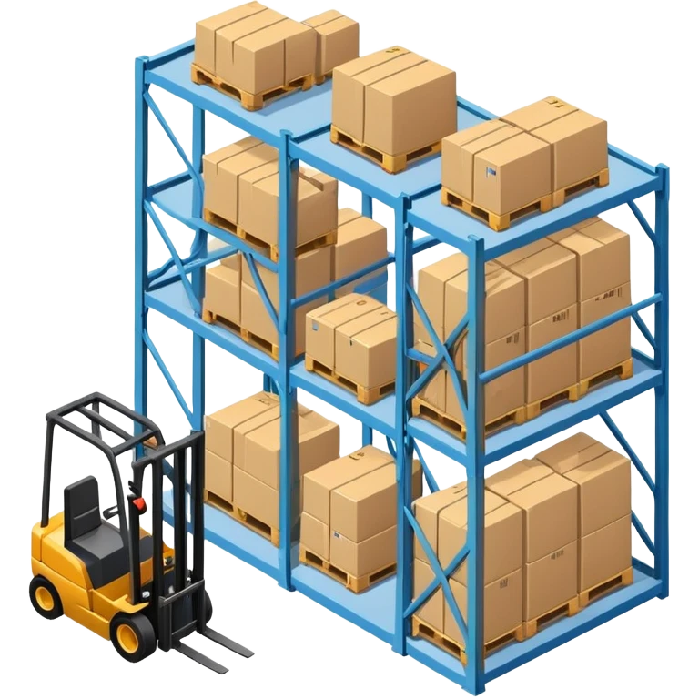 Isometric warehouse with forklift and storage racks inside, large cargo door emoji