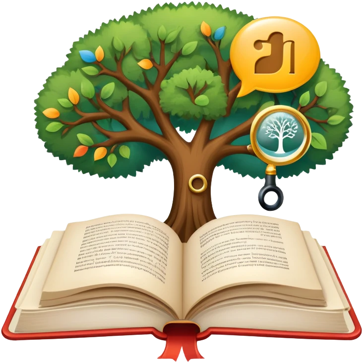 An icon featuring an open book, a speech bubble, and a linguistic tree, symbolizing philology and linguistics. The design includes alphabets, language symbols, and a magnifying glass, representing the study of language, structure, and meaning. Transparent background emoji