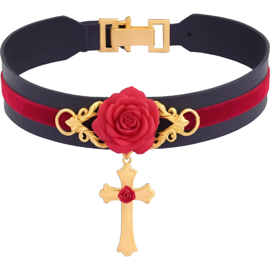 gothic choker with crimson velvet band, gold cross pendant, deep red rose centerpiece, dramatic and gothic style emoji