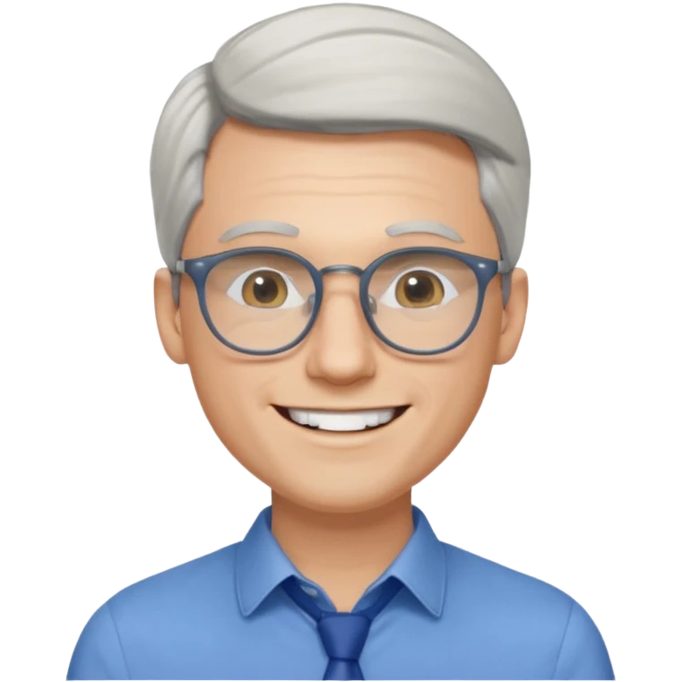 30 yr old pale white man, white/grey side swept stylish hair, round glasses, big smile, white teeth, handsome, longer hair, thin glasses, blue dress shirt emoji