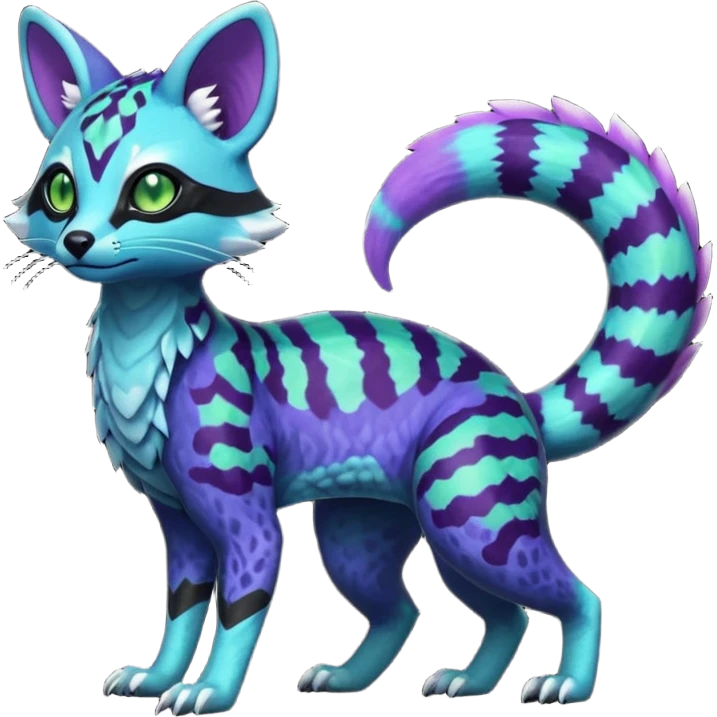 Rare realistic tropical exotic cute epic pretty beautiful handsome gorgeous aesthetic colorful vibrant Vernid-Protogen-Primagen-Wickerbeast-Genet-Trico-species-Fakemon-hybrid-creature by LiLaiRa, beautiful intricate markings, full body emoji