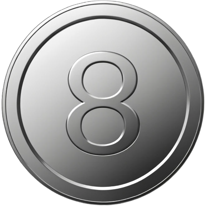 Emoji icon of a metal coin with engraved number 8, minimalist style, isolated, only metal color emoji