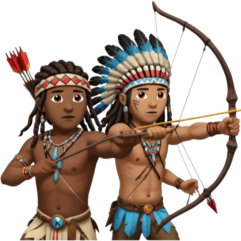 Black American man dark brown with dreads with a American Indian headdress shooting a bow and arrow at a native Indian while they run emoji
