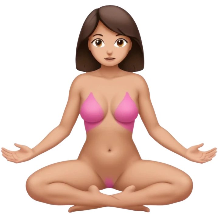 full body brunette, nsfw, naked, covering nipples with hands, pretty pink vagina uncovered, kneeled in squat, busty emoji