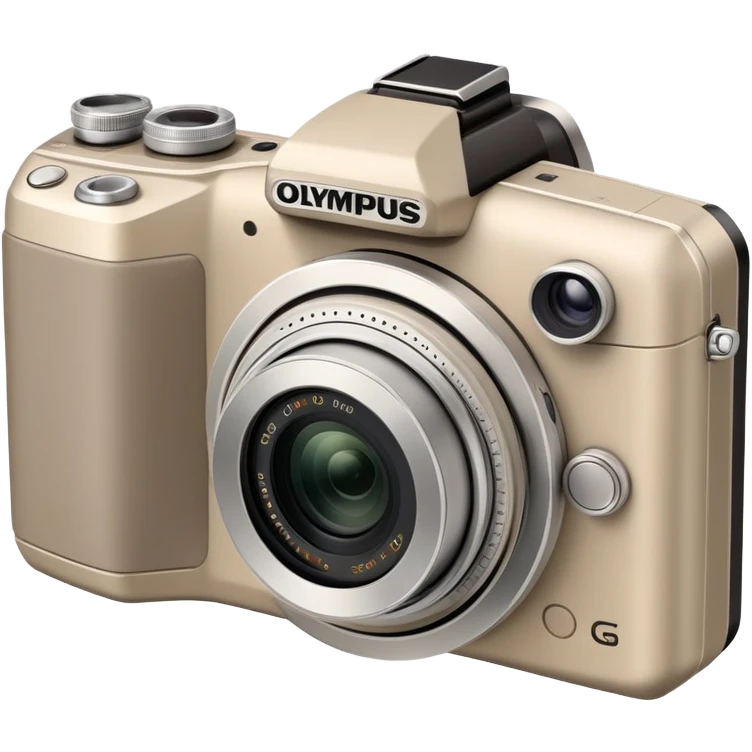 Ultra simplified Olympus Superzoom 70G camera, grayish-beige color, abstract representation with bare minimum of recognizable features emoji